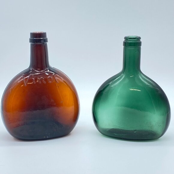 Pair Of Vintage Vinol Green and Amber Glass Flask Style Bottles Rounded Shape - Picture 1 of 15